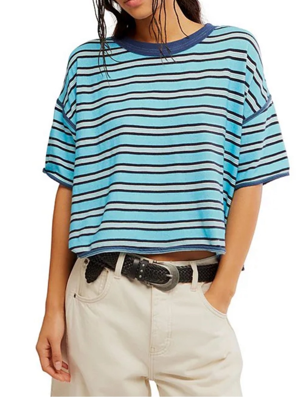 NWT🌷Free People Clean Rugby Stripe Print Crew Neck Short Sleeve Tee.